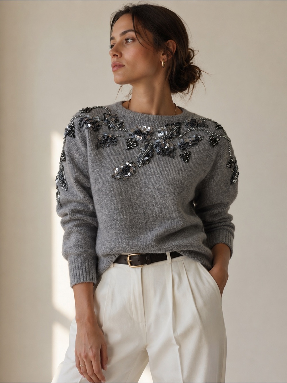 Dana Scott Silk Angora Gray Beaded Sequin Embellished Sweater Small Vintage
